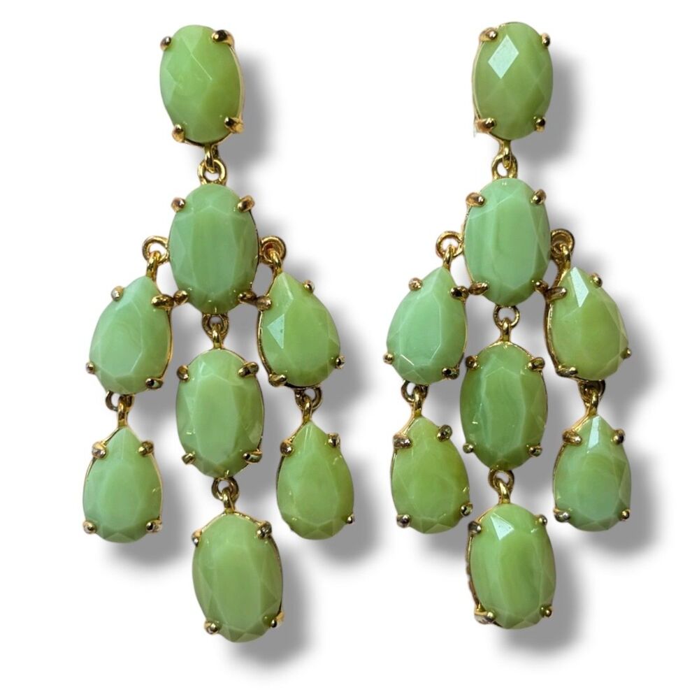 Stella & Dot Lily Rhinestone Chandelier Style Earrings Light Green Gold Retired